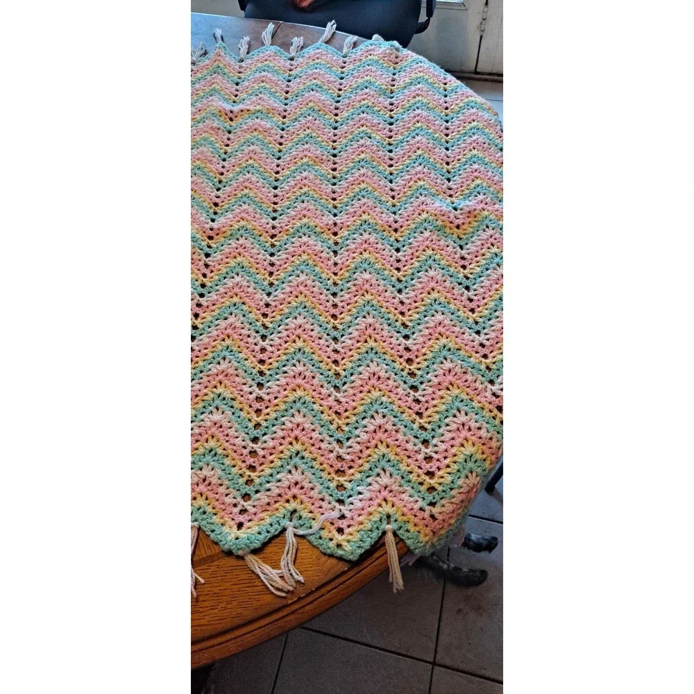 Hand Made Crocheted Baby Blanket 50+ Years Old 37x37 With Fringe